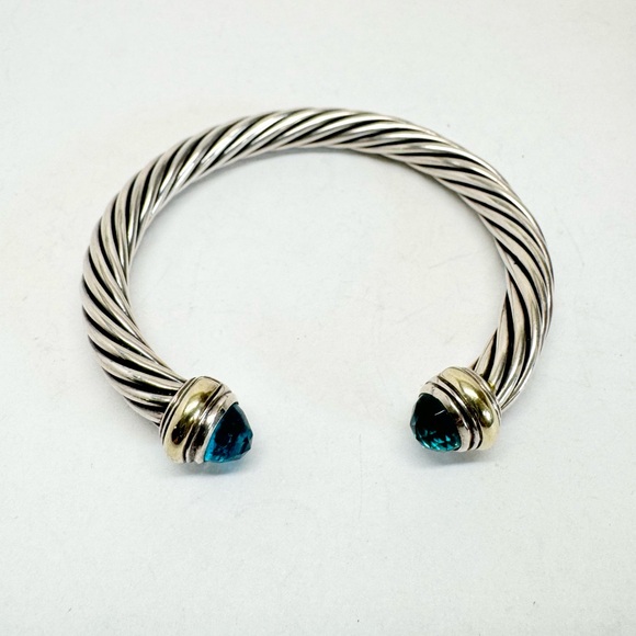 David Yurman 7mm Blue Topaz Cable Classic Cuff Bracelet .925/14K - Picture 3 of 10